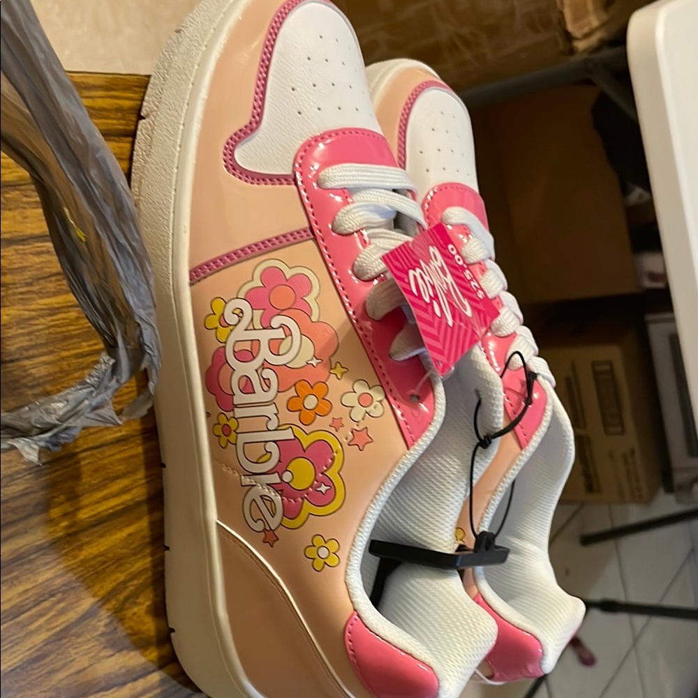 Barbie Pink and White Sneakers with Swirling Design